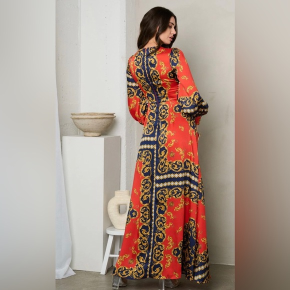 164 Women’s Long Sleeve V Neck Print Maxi Dress - Picture 3 of 5